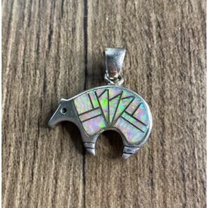 Vintage Native American Sterling Silver Opal Inlay Bear Pendant Southwestern